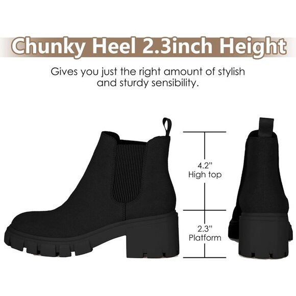 Women Chelsea Black Suede Boot Fashion Lug Sole Chunky Heel Slip On Ankle Bootie - Picture 3 of 6